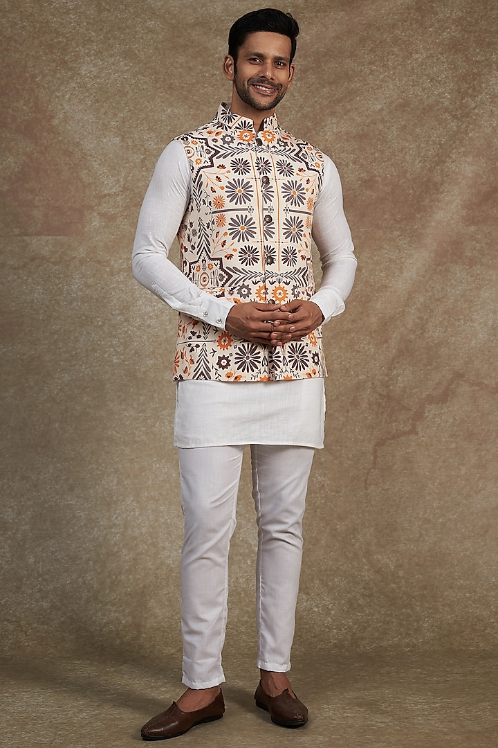 Beige Cotton Printed Bundi Jacket With Kurta Set by Spring Break Men
