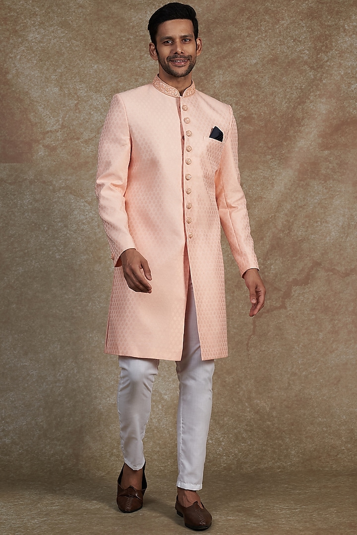 Pink Jacquard Embroidered Sherwani Set by Spring Break Men