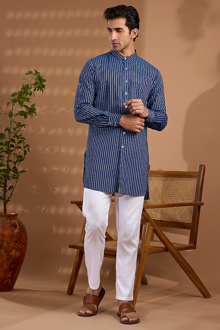 Blue Cotton Stripe Kurta by Spring Break Men at Pernia's Pop Up Shop