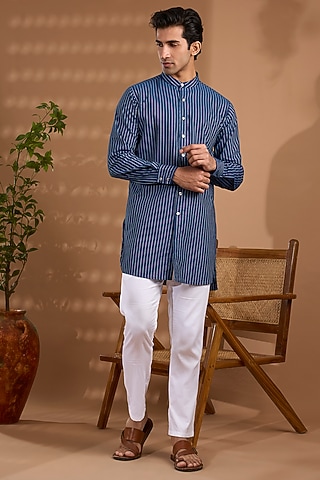 Blue Cotton Stripe Kurta by Spring Break Men