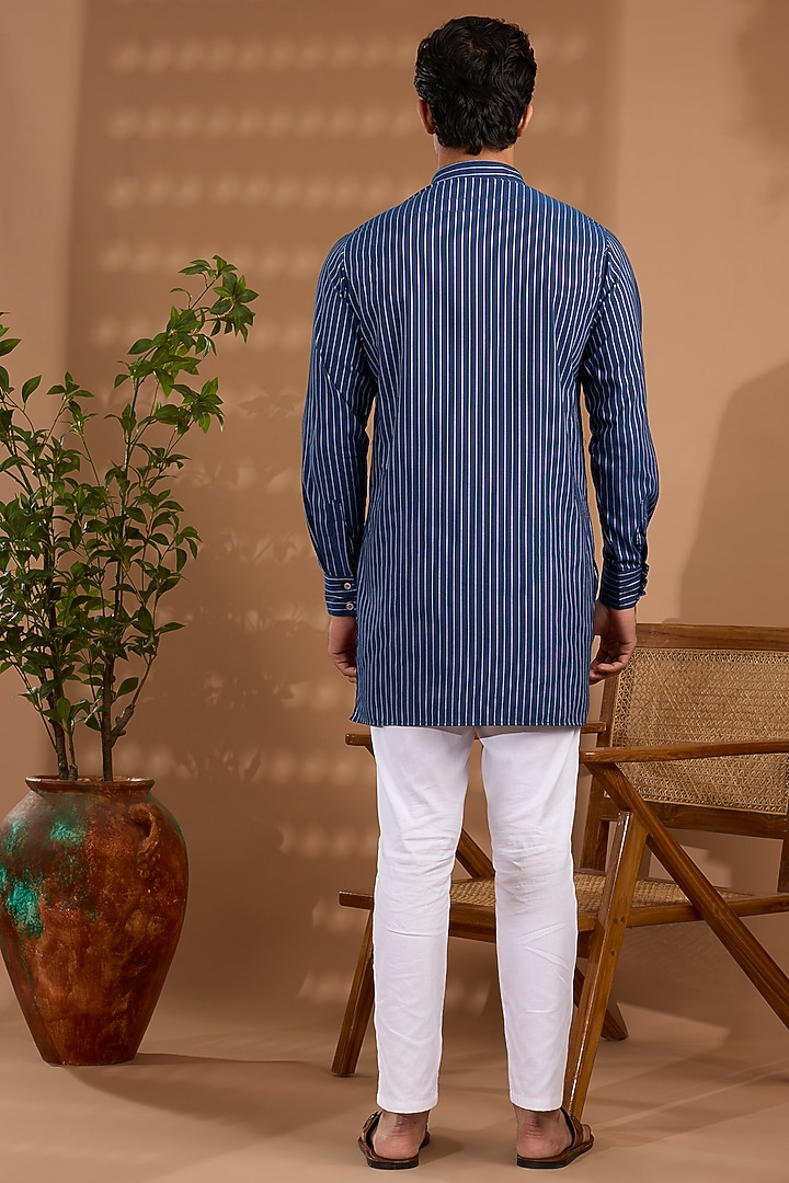 Blue Cotton Stripe Kurta by Spring Break Men at Pernia's Pop Up Shop