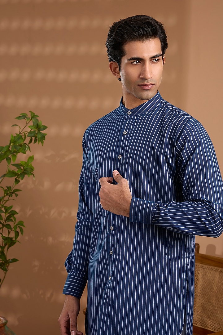 Blue Cotton Stripe Kurta by Spring Break Men at Pernia's Pop Up Shop