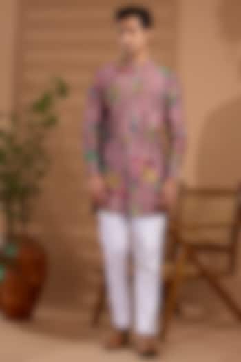Pink Blended Silk Floral Printed Kurta by Spring Break Men at Pernia's Pop Up Shop