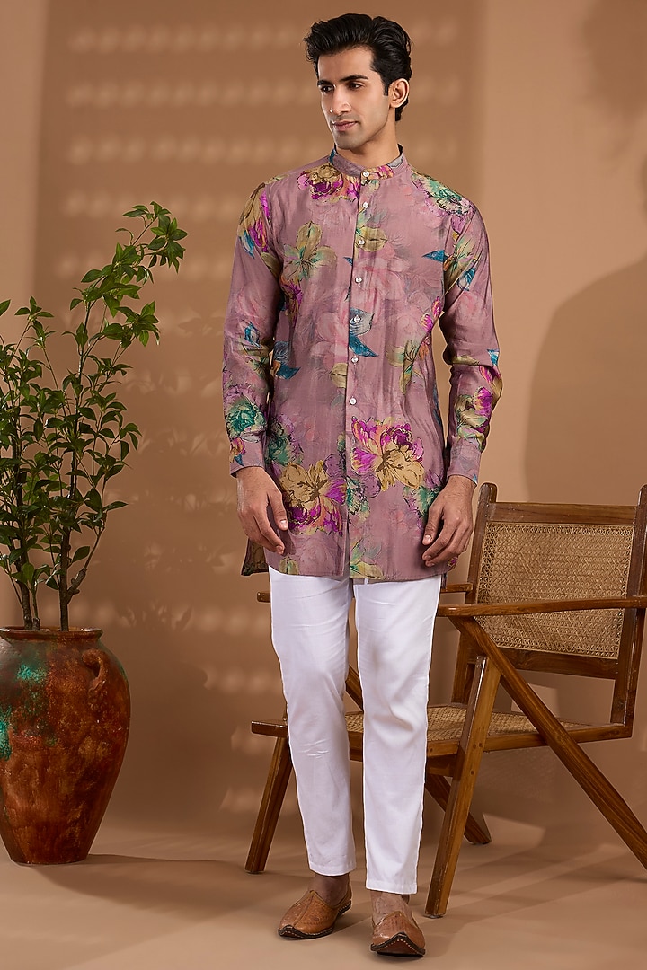 Pink Blended Silk Floral Printed Kurta by Spring Break Men at Pernia's Pop Up Shop