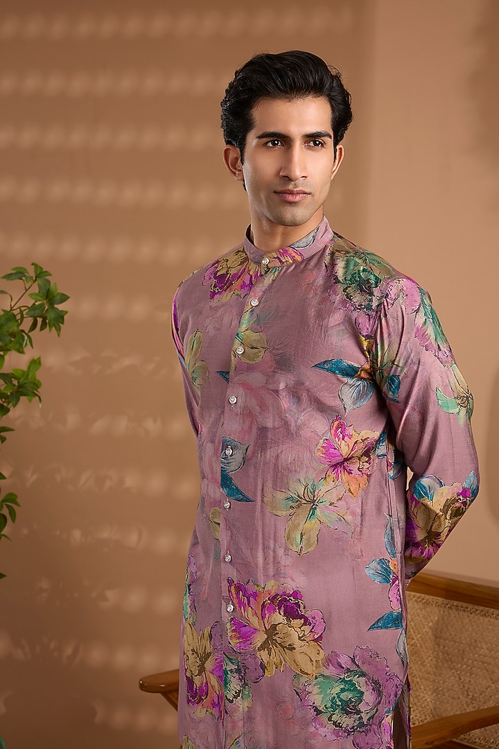 Pink Blended Silk Floral Printed Kurta by Spring Break Men at Pernia's Pop Up Shop