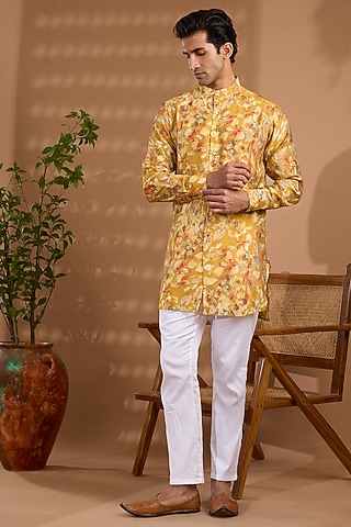 Mustard Yellow Blended Silk Floral Printed Kurta by Spring Break Men