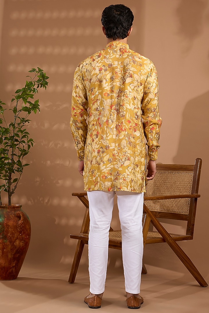 Mustard Yellow Blended Silk Floral Printed Kurta by Spring Break Men at Pernia's Pop Up Shop