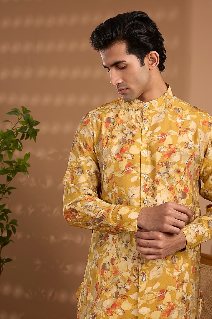Mustard Yellow Blended Silk Floral Printed Kurta by Spring Break Men at Pernia's Pop Up Shop