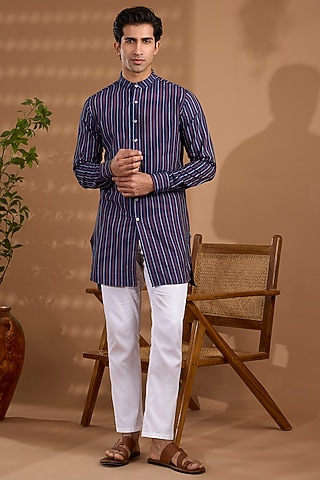 Blue Cotton Stripe Printed Kurta by Spring Break Men