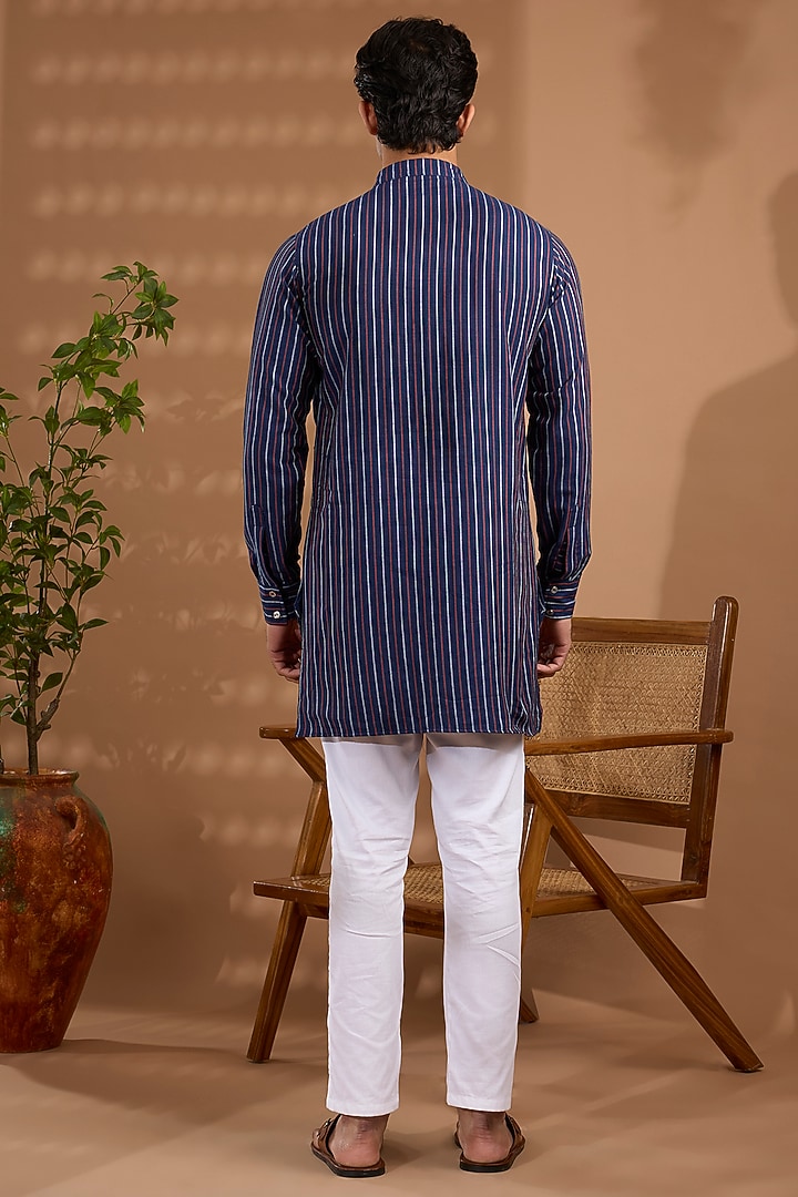 Blue Cotton Stripe Printed Kurta by Spring Break Men at Pernia's Pop Up Shop