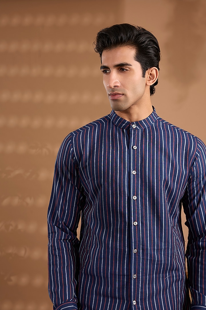 Blue Cotton Stripe Printed Kurta by Spring Break Men at Pernia's Pop Up Shop