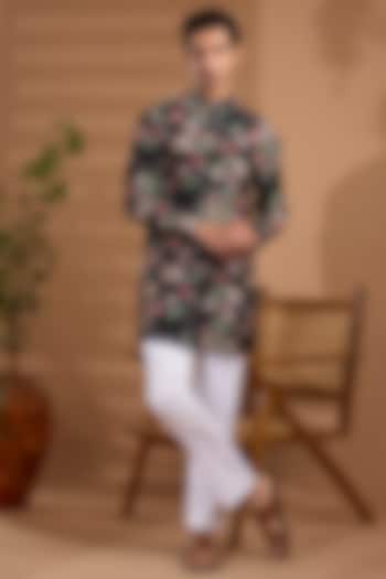 Black Blended Silk Floral Printed Kurta by Spring Break Men at Pernia's Pop Up Shop