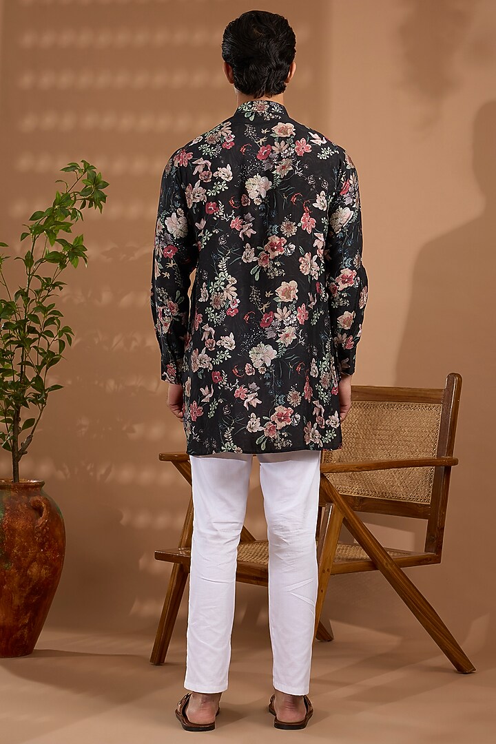 Black Blended Silk Floral Printed Kurta by Spring Break Men at Pernia's Pop Up Shop