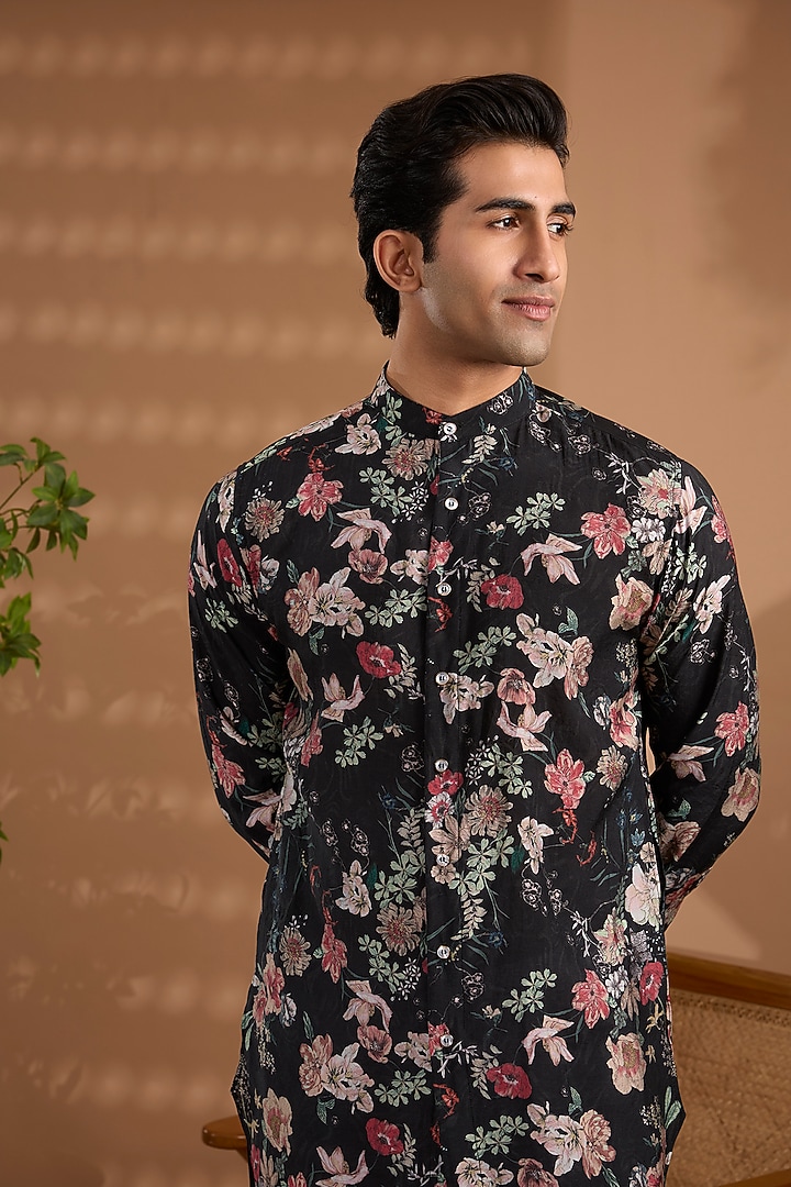 Black Blended Silk Floral Printed Kurta by Spring Break Men at Pernia's Pop Up Shop