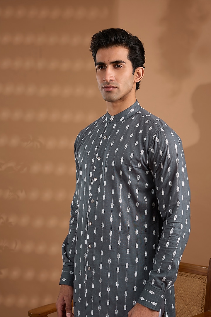 Grey Cotton Ikat Printed Kurta by Spring Break Men at Pernia's Pop Up Shop