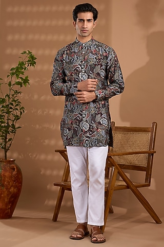 Black Blended Silk Paisley Printed Kurta by Spring Break Men