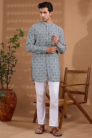 Blue Cotton Crepe Floral Printed Kurta by Spring Break Men