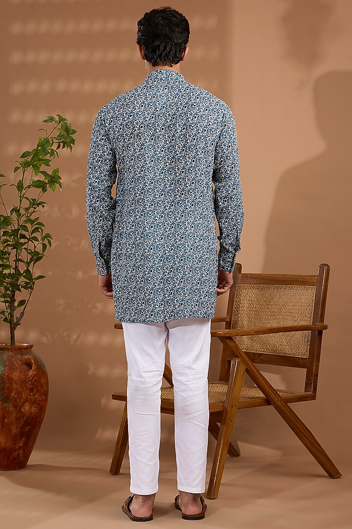 Blue Cotton Crepe Floral Printed Kurta by Spring Break Men at Pernia's Pop Up Shop