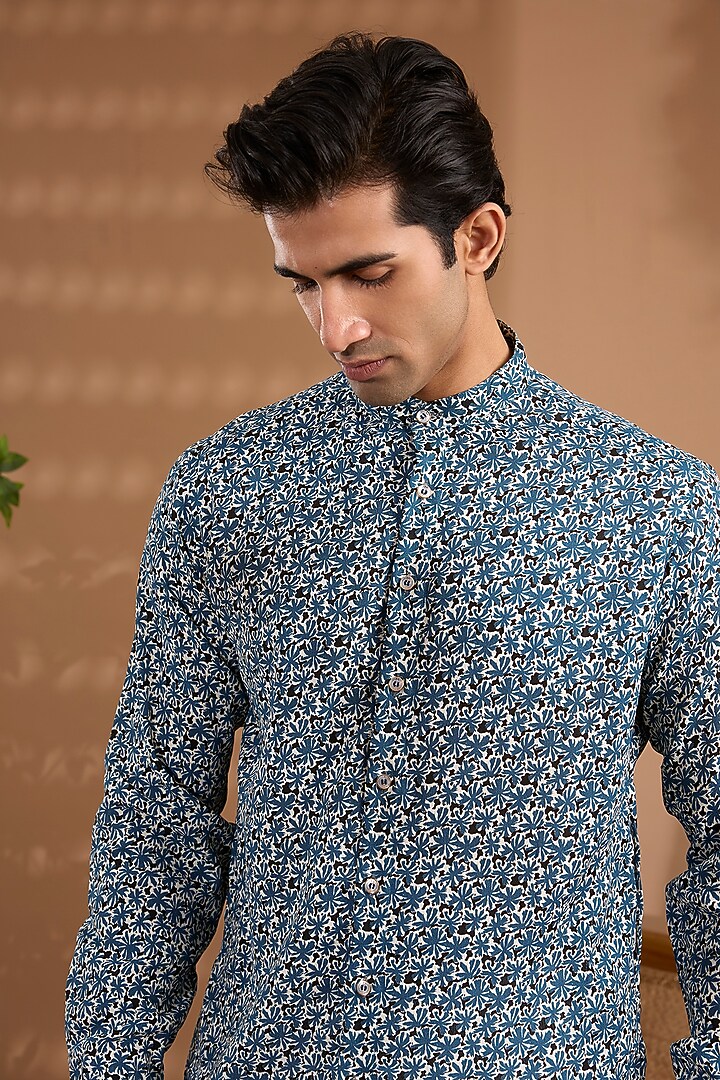 Blue Cotton Crepe Floral Printed Kurta by Spring Break Men at Pernia's Pop Up Shop