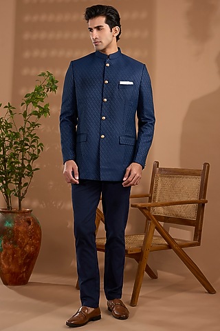 Navy Blue Blended Silk Embroidered Bandhgala by Spring Break Men