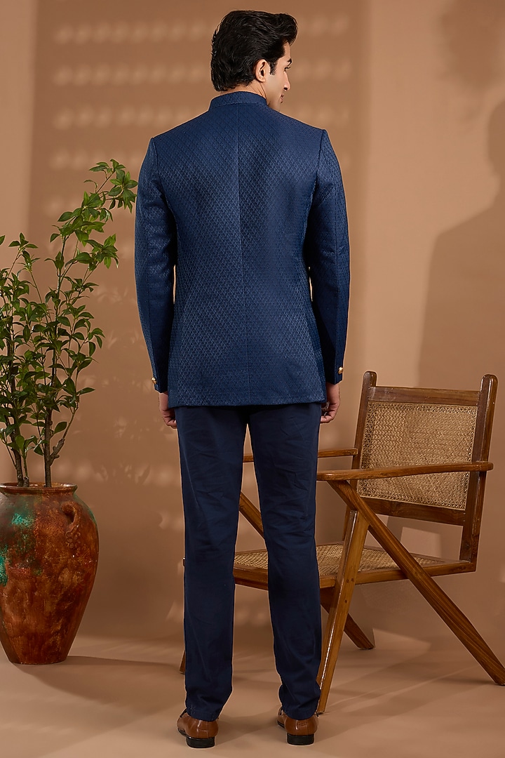 Navy Blue Blended Silk Embroidered Bandhgala by Spring Break Men at Pernia's Pop Up Shop