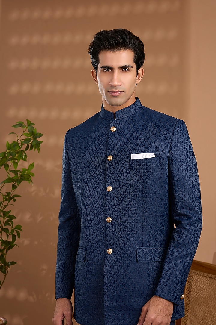 Navy Blue Blended Silk Embroidered Bandhgala by Spring Break Men at Pernia's Pop Up Shop