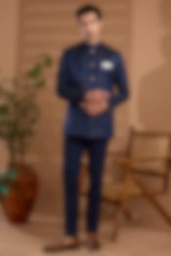 Navy Blue Blended Silk Embroidered Bandhgala by Spring Break Men at Pernia's Pop Up Shop