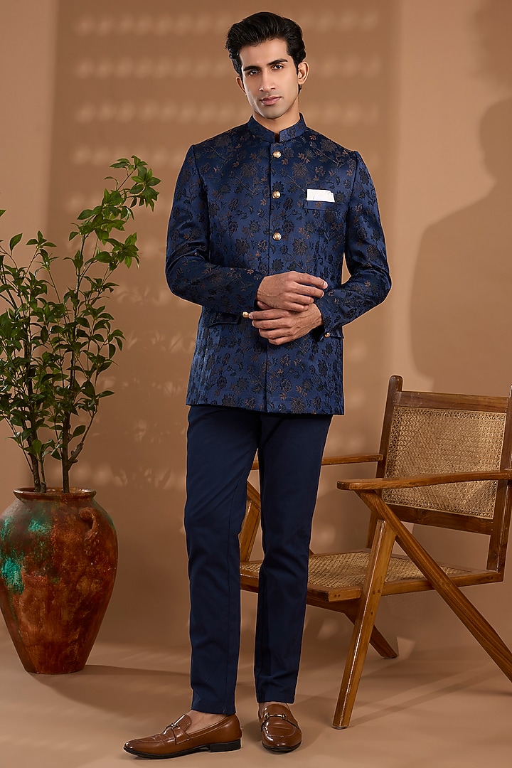Navy Blue Blended Silk Embroidered Bandhgala by Spring Break Men at Pernia's Pop Up Shop