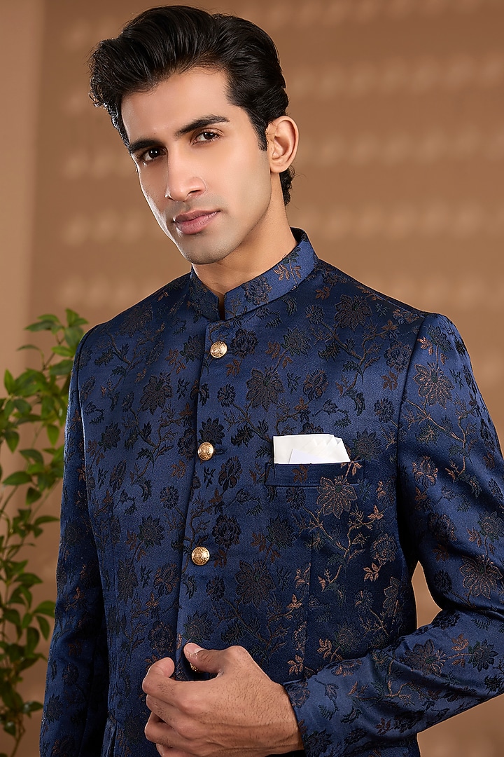 Navy Blue Blended Silk Embroidered Bandhgala by Spring Break Men at ...