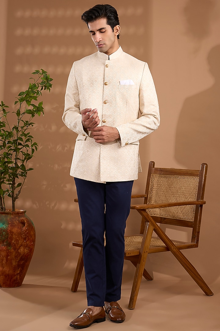 Ivory Blended Silk Embroidered Bandhgala by Spring Break Men at Pernia's Pop Up Shop