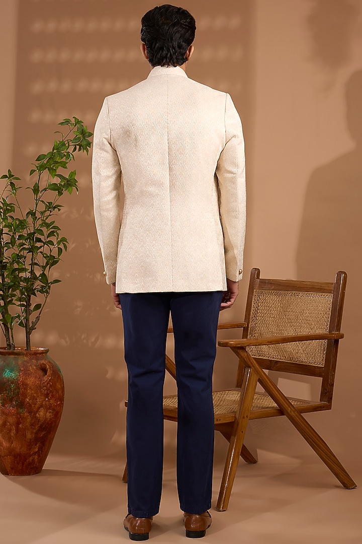 Ivory Blended Silk Embroidered Bandhgala by Spring Break Men at Pernia's Pop Up Shop