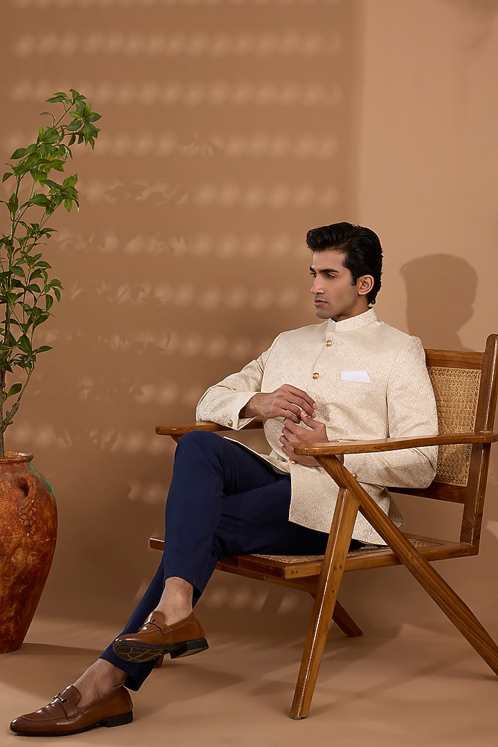 Ivory Blended Silk Embroidered Bandhgala by Spring Break Men at Pernia's Pop Up Shop