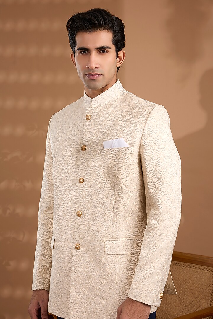 Ivory Blended Silk Embroidered Bandhgala by Spring Break Men at Pernia's Pop Up Shop