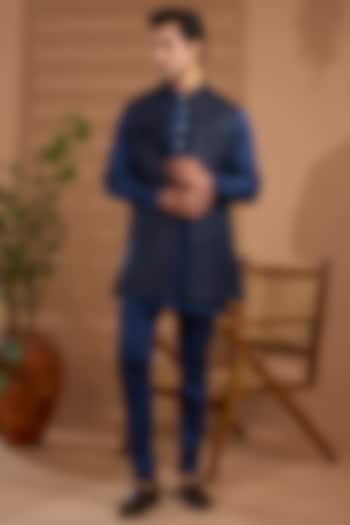 Blue Blended Silk Embroidered Sleeveless Jacket Set by Spring Break Men at Pernia's Pop Up Shop