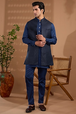 Blue Blended Silk Embroidered Sleeveless Jacket Set by Spring Break Men