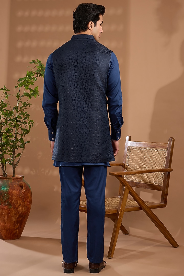 Blue Blended Silk Embroidered Sleeveless Jacket Set by Spring Break Men at Pernia's Pop Up Shop