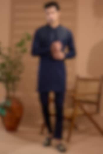 Blue Cotton Satin Hand Embroidered Kurta Set by Spring Break Men at Pernia's Pop Up Shop