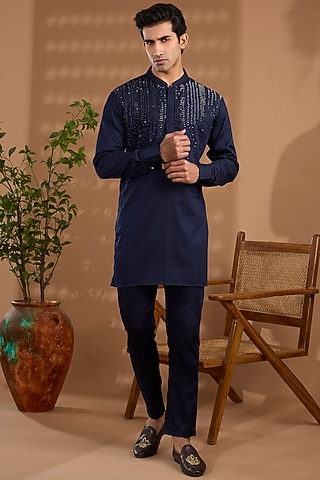 Blue Cotton Satin Hand Embroidered Kurta Set by Spring Break Men