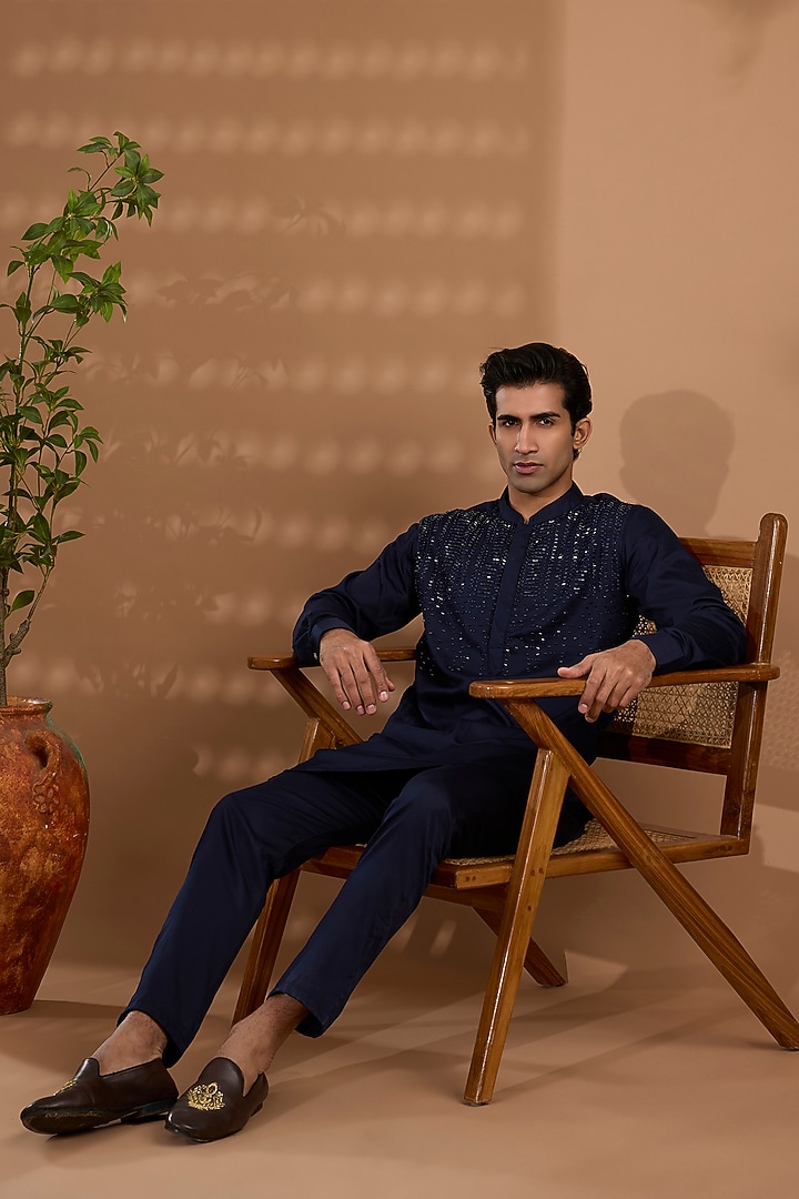 Blue Cotton Satin Hand Embroidered Kurta Set by Spring Break Men at Pernia's Pop Up Shop
