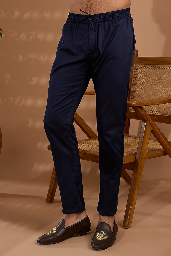 Blue Cotton Satin Hand Embroidered Kurta Set by Spring Break Men at Pernia's Pop Up Shop