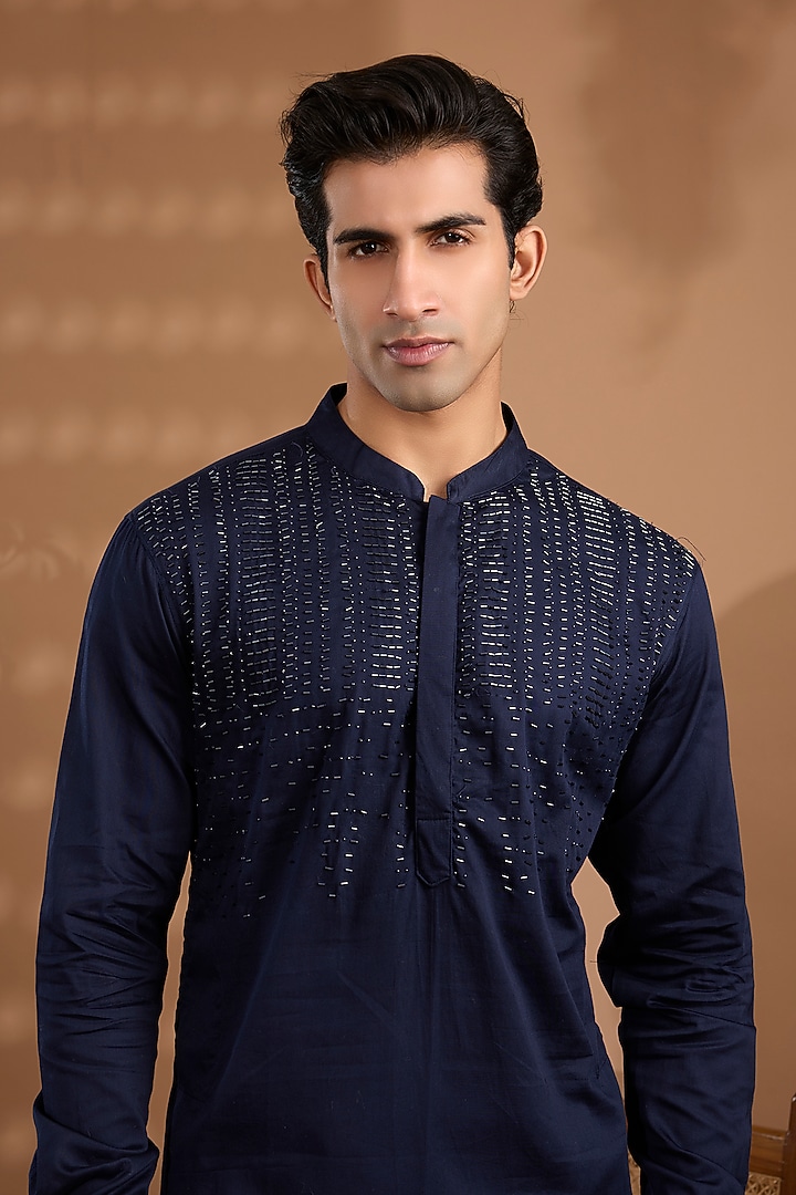 Blue Cotton Satin Hand Embroidered Kurta Set by Spring Break Men at Pernia's Pop Up Shop