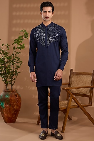 Navy Blue Cotton Satin Hand Embroidered Kurta Set by Spring Break Men