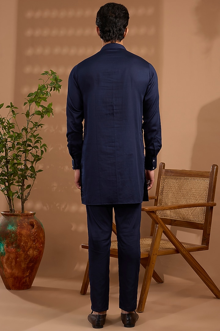 Navy Blue Cotton Satin Hand Embroidered Kurta Set by Spring Break Men at Pernia's Pop Up Shop