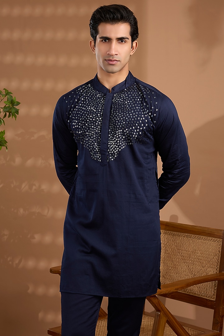 Navy Blue Cotton Satin Hand Embroidered Kurta Set by Spring Break Men at Pernia's Pop Up Shop