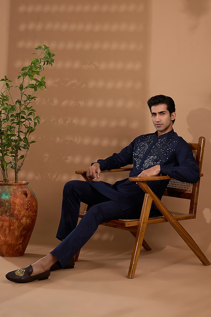 Navy Blue Cotton Satin Hand Embroidered Kurta Set by Spring Break Men at Pernia's Pop Up Shop