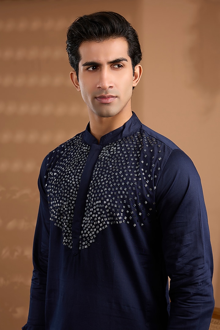 Navy Blue Cotton Satin Hand Embroidered Kurta Set by Spring Break Men at Pernia's Pop Up Shop
