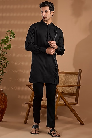 Black Cotton Satin Hand Embroidered Kurta Set by Spring Break Men