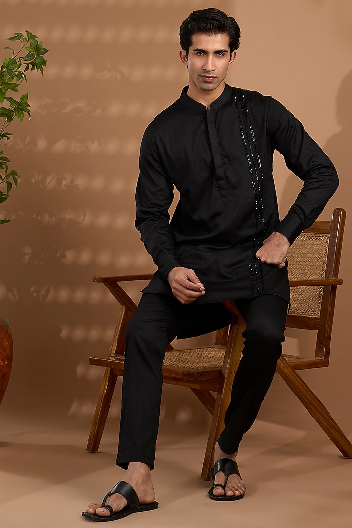 Black Cotton Satin Hand Embroidered Kurta Set by Spring Break Men at Pernia's Pop Up Shop