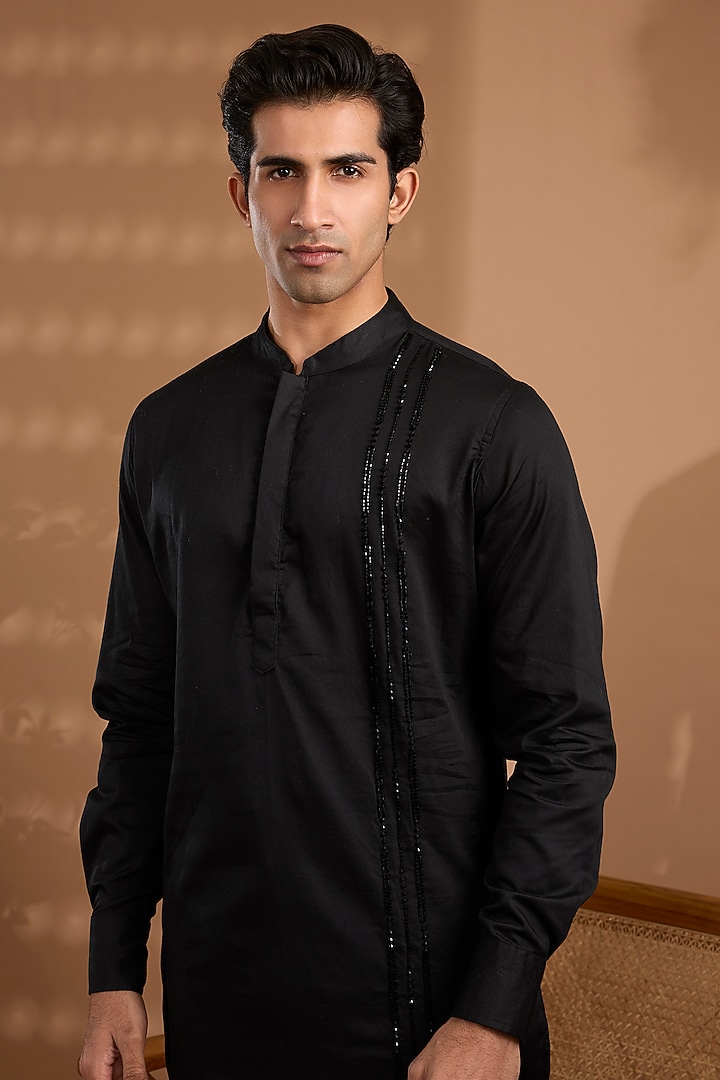 Black Cotton Satin Hand Embroidered Kurta Set by Spring Break Men at Pernia's Pop Up Shop