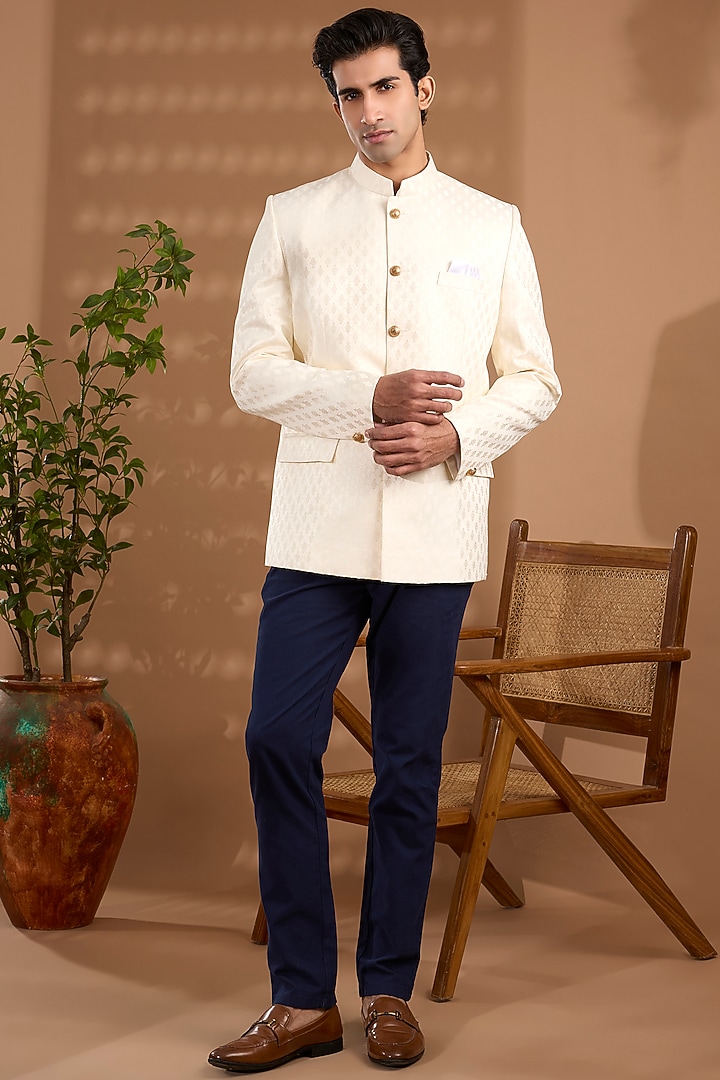 Cream Blended Silk Embroidered Bandhgala by Spring Break Men at Pernia's Pop Up Shop
